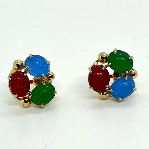 Vintage GLASS SCARAB Earrings Egyptian Revival Gold Tone Screwback - Picture 7 of 13